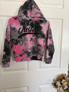 Justice Pink and Gray Tie-Dye Cropped Hoodie